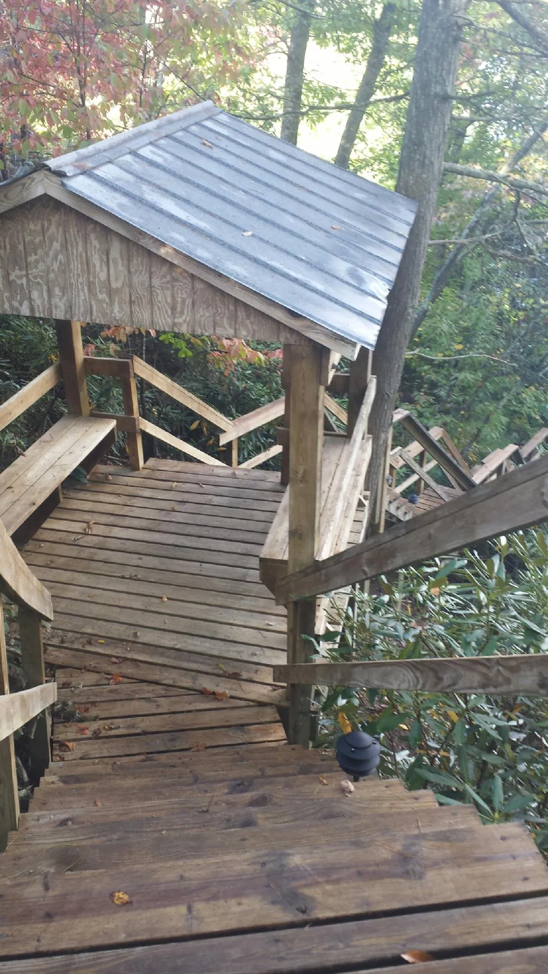 Metal roofed shelter over wooden steps on a wooded walkway — Skylight Repair & Installation work by our crew in Clayton